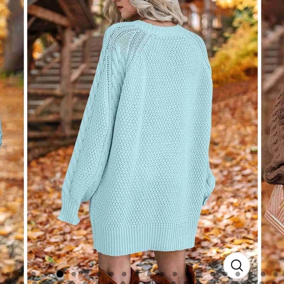 Women's Oversized Small Cable Knit Chunky Sweater dress Long Sleeve- Light Blue - Picture 10 of 10